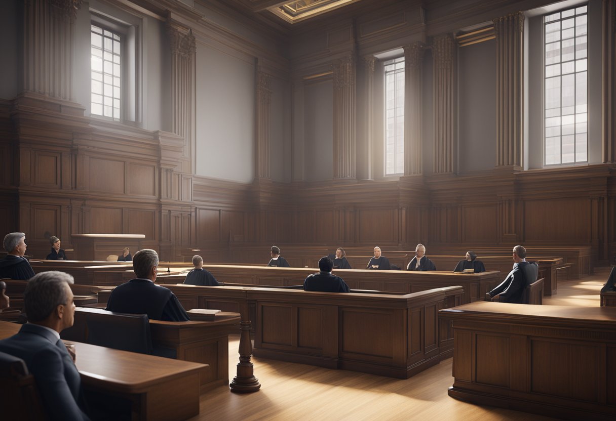 A courtroom with a judge presiding over a trial, a defendant and their lawyer, and a jury listening intently